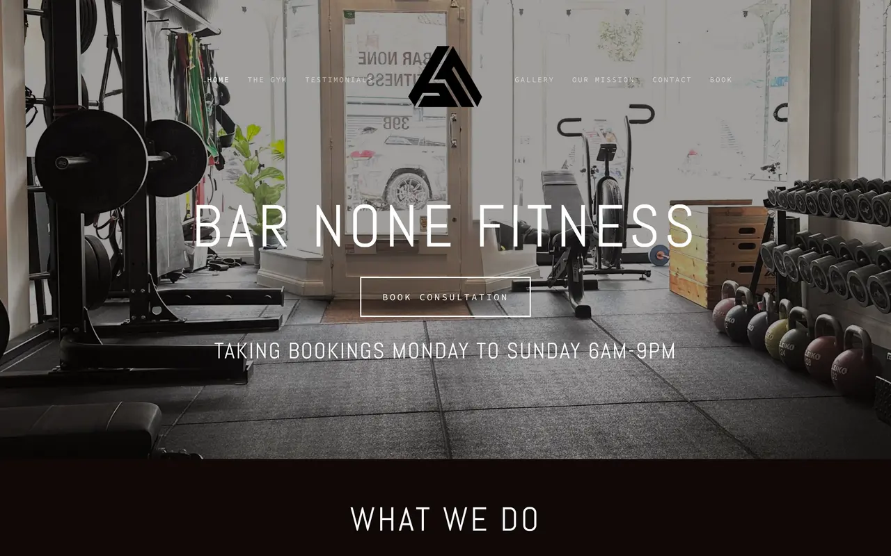 The Bar None Fitness website on a desktop screen