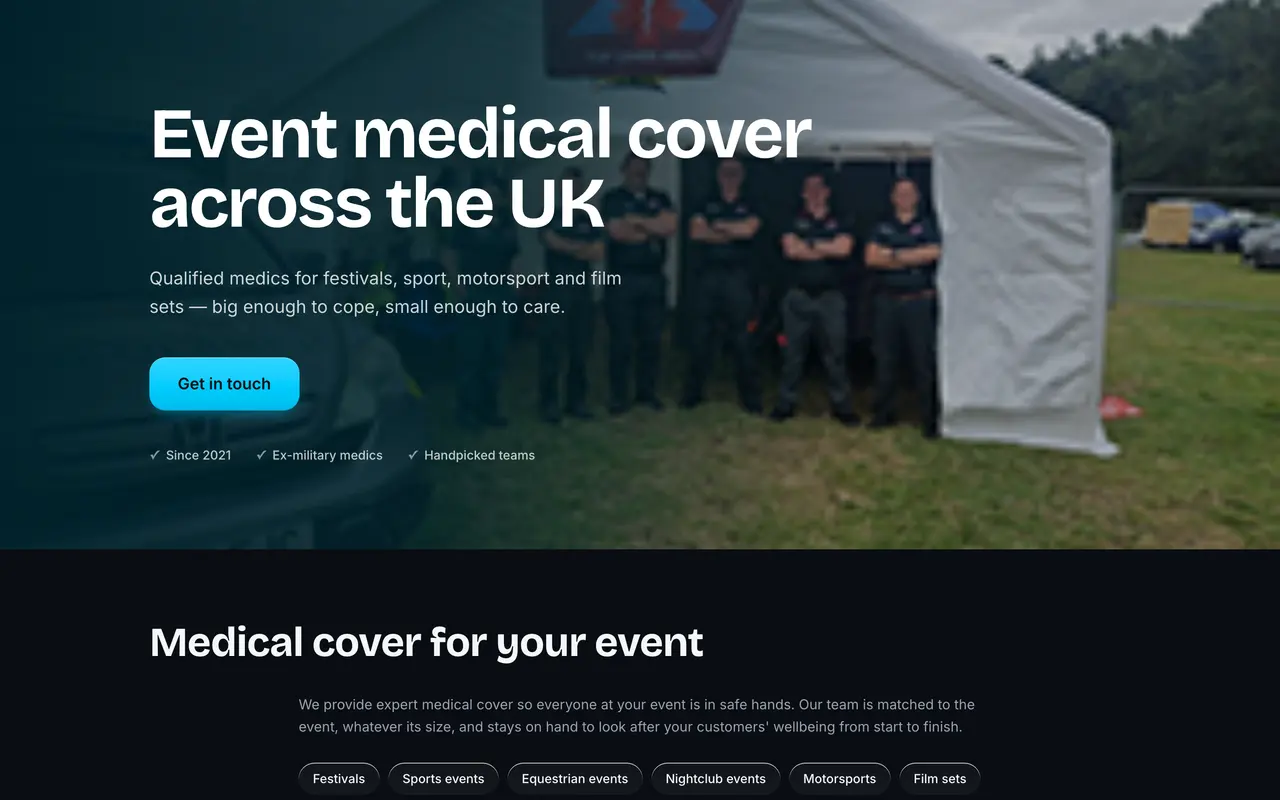The Top Cover Medics website on a desktop screen