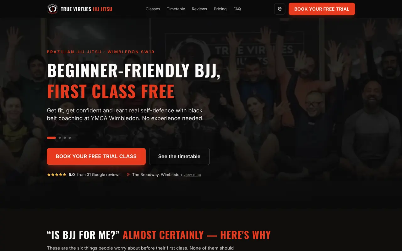 The True Virtues Jiu Jitsu website on a desktop screen