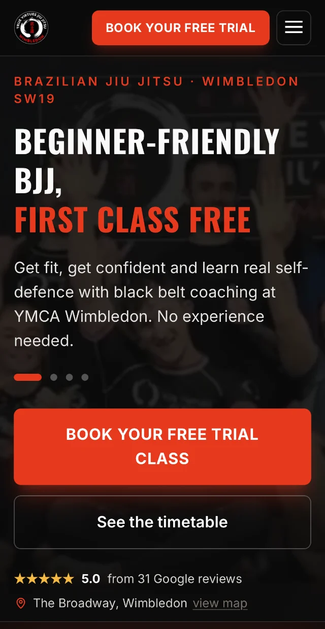 The True Virtues Jiu Jitsu website on a phone